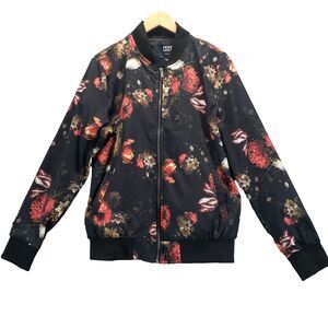 One Life Deluxe Womens Sz XL Floral Bomber Jacket Black Zip Up Streetwear